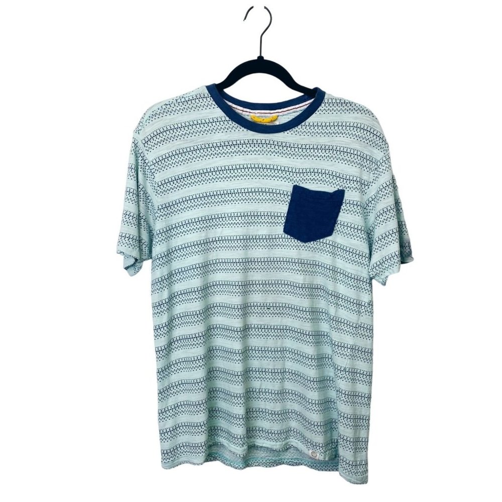 Free Planet Striped Printed Light Blue/Navy Pocket Short Sleeve Shirt Size Med.